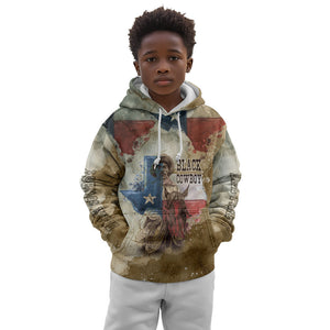 Bill Pickett Texas Flag Kid Hoodie Black Cowboy - Vintage Grunge Watercolor - Horseback Rider Heritage