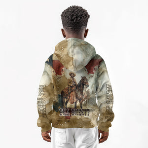 Bill Pickett Texas Flag Kid Hoodie Black Cowboy - Vintage Grunge Watercolor - Horseback Rider Heritage