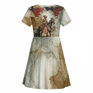 Bill Pickett Texas Flag Kid Short Sleeve Dress Black Cowboy - Vintage Grunge Watercolor - Horseback Rider Heritage