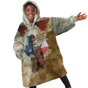 Bill Pickett Texas Flag Kid Wearable Blanket Hoodie Black Cowboy - Vintage Grunge Watercolor - Horseback Rider Heritage