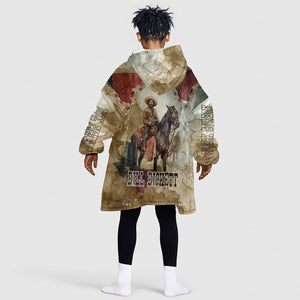 Bill Pickett Texas Flag Kid Wearable Blanket Hoodie Black Cowboy - Vintage Grunge Watercolor - Horseback Rider Heritage