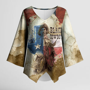 Bill Pickett Texas Flag Kimono Sleeve Blouse Black Cowboy - Vintage Grunge Watercolor - Horseback Rider Heritage