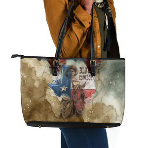 Bill Pickett Texas Flag Leather Tote Bag Black Cowboy - Vintage Grunge Watercolor - Horseback Rider Heritage