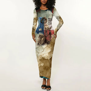 Bill Pickett Texas Flag Long Sleeve Bodycon Dress Black Cowboy - Vintage Grunge Watercolor - Horseback Rider Heritage