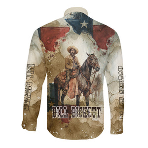 Bill Pickett Texas Flag Long Sleeve Button Shirt Black Cowboy - Vintage Grunge Watercolor - Horseback Rider Heritage