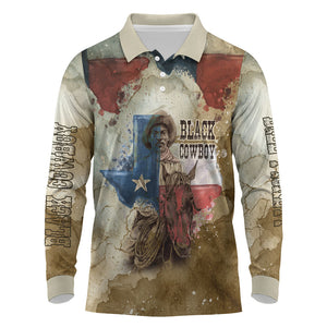 Bill Pickett Texas Flag Long Sleeve Polo Shirt Black Cowboy - Vintage Grunge Watercolor - Horseback Rider Heritage
