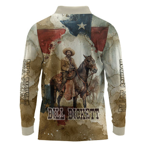 Bill Pickett Texas Flag Long Sleeve Polo Shirt Black Cowboy - Vintage Grunge Watercolor - Horseback Rider Heritage
