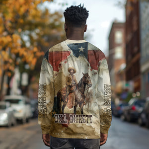 Bill Pickett Texas Flag Long Sleeve Shirt Black Cowboy - Vintage Grunge Watercolor - Horseback Rider Heritage