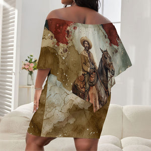 Bill Pickett Texas Flag Off Shoulder Short Dress Black Cowboy - Vintage Grunge Watercolor - Horseback Rider Heritage
