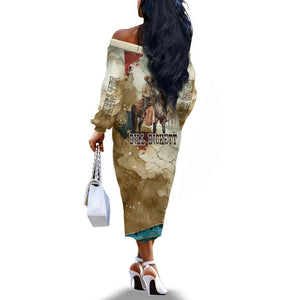 Bill Pickett Texas Flag Off The Shoulder Long Sleeve Dress Black Cowboy - Vintage Grunge Watercolor - Horseback Rider Heritage