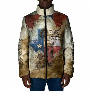 Bill Pickett Texas Flag Padded Jacket Black Cowboy - Vintage Grunge Watercolor - Horseback Rider Heritage