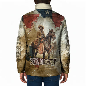 Bill Pickett Texas Flag Padded Jacket Black Cowboy - Vintage Grunge Watercolor - Horseback Rider Heritage