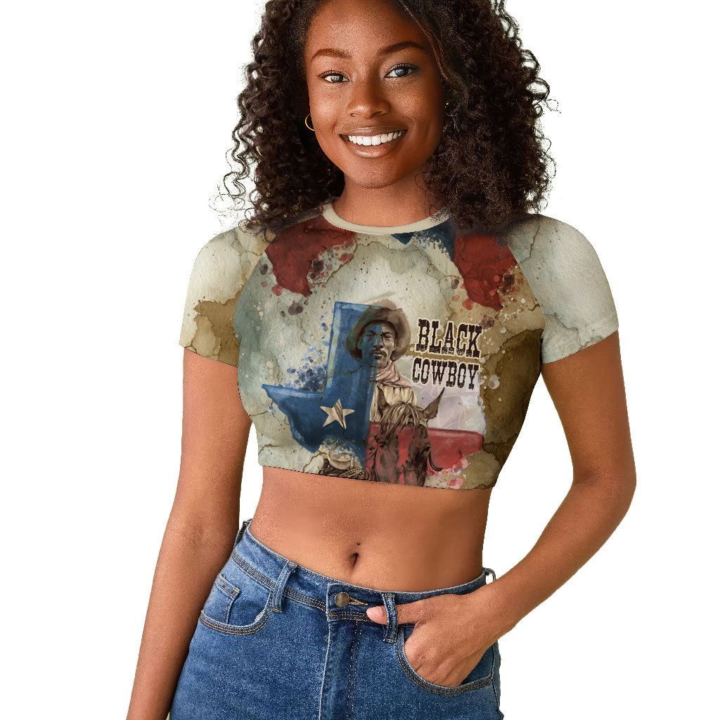 Bill Pickett Texas Flag Raglan Cropped T shirt Black Cowboy - Vintage Grunge Watercolor - Horseback Rider Heritage