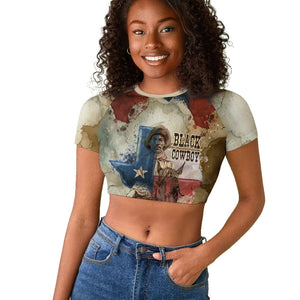 Bill Pickett Texas Flag Raglan Cropped T shirt Black Cowboy - Vintage Grunge Watercolor - Horseback Rider Heritage