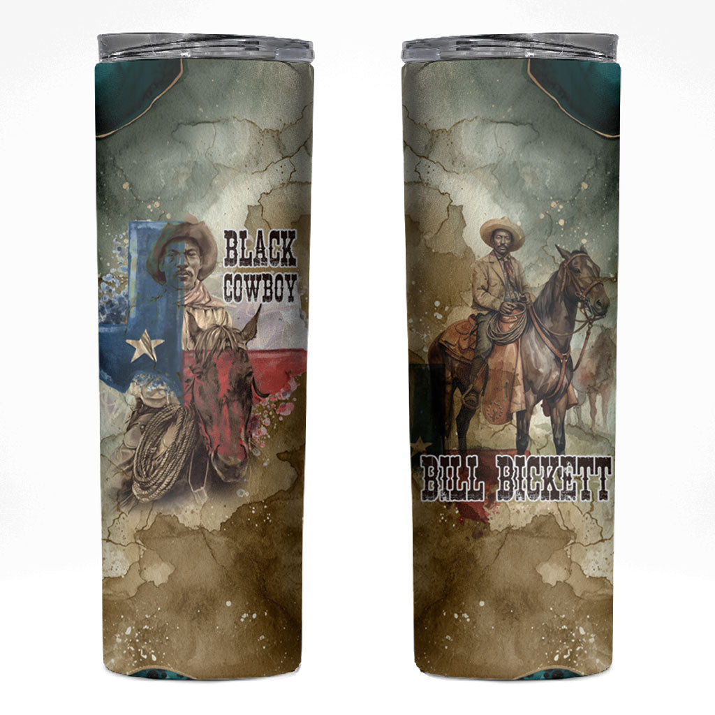 Bill Pickett Texas Flag Skinny Tumbler Black Cowboy - Vintage Grunge Watercolor - Horseback Rider Heritage