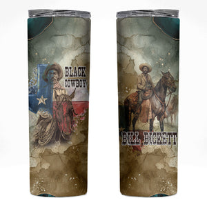 Bill Pickett Texas Flag Skinny Tumbler Black Cowboy - Vintage Grunge Watercolor - Horseback Rider Heritage