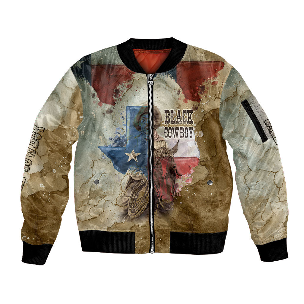 Bill Pickett Texas Flag Sleeve Zip Bomber Jacket Black Cowboy - Vintage Grunge Watercolor - Horseback Rider Heritage
