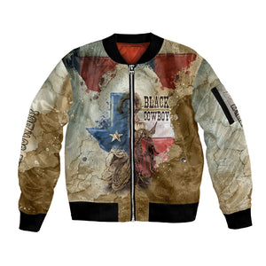 Bill Pickett Texas Flag Sleeve Zip Bomber Jacket Black Cowboy - Vintage Grunge Watercolor - Horseback Rider Heritage