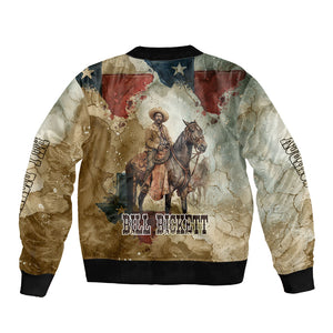 Bill Pickett Texas Flag Sleeve Zip Bomber Jacket Black Cowboy - Vintage Grunge Watercolor - Horseback Rider Heritage