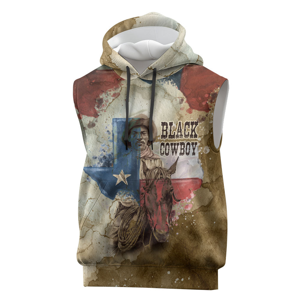 Bill Pickett Texas Flag Sleeveless Hoodie Black Cowboy - Vintage Grunge Watercolor - Horseback Rider Heritage