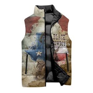 Bill Pickett Texas Flag Sleeveless Puffer Jacket Black Cowboy - Vintage Grunge Watercolor - Horseback Rider Heritage