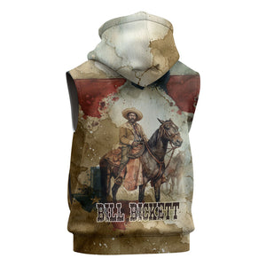 Bill Pickett Texas Flag Sleeveless Zip Hoodie Black Cowboy - Vintage Grunge Watercolor - Horseback Rider Heritage