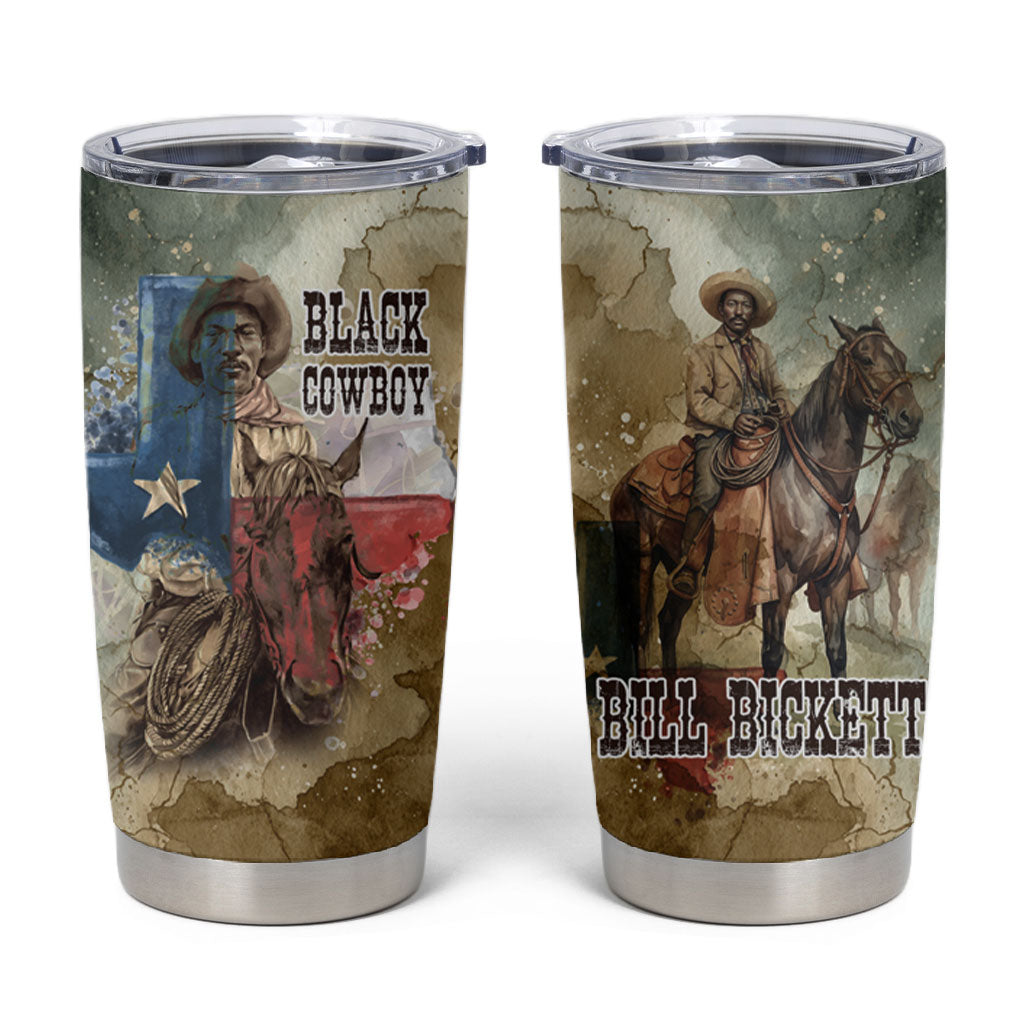 Bill Pickett Texas Flag Tumbler Cup Black Cowboy - Vintage Grunge Watercolor - Horseback Rider Heritage