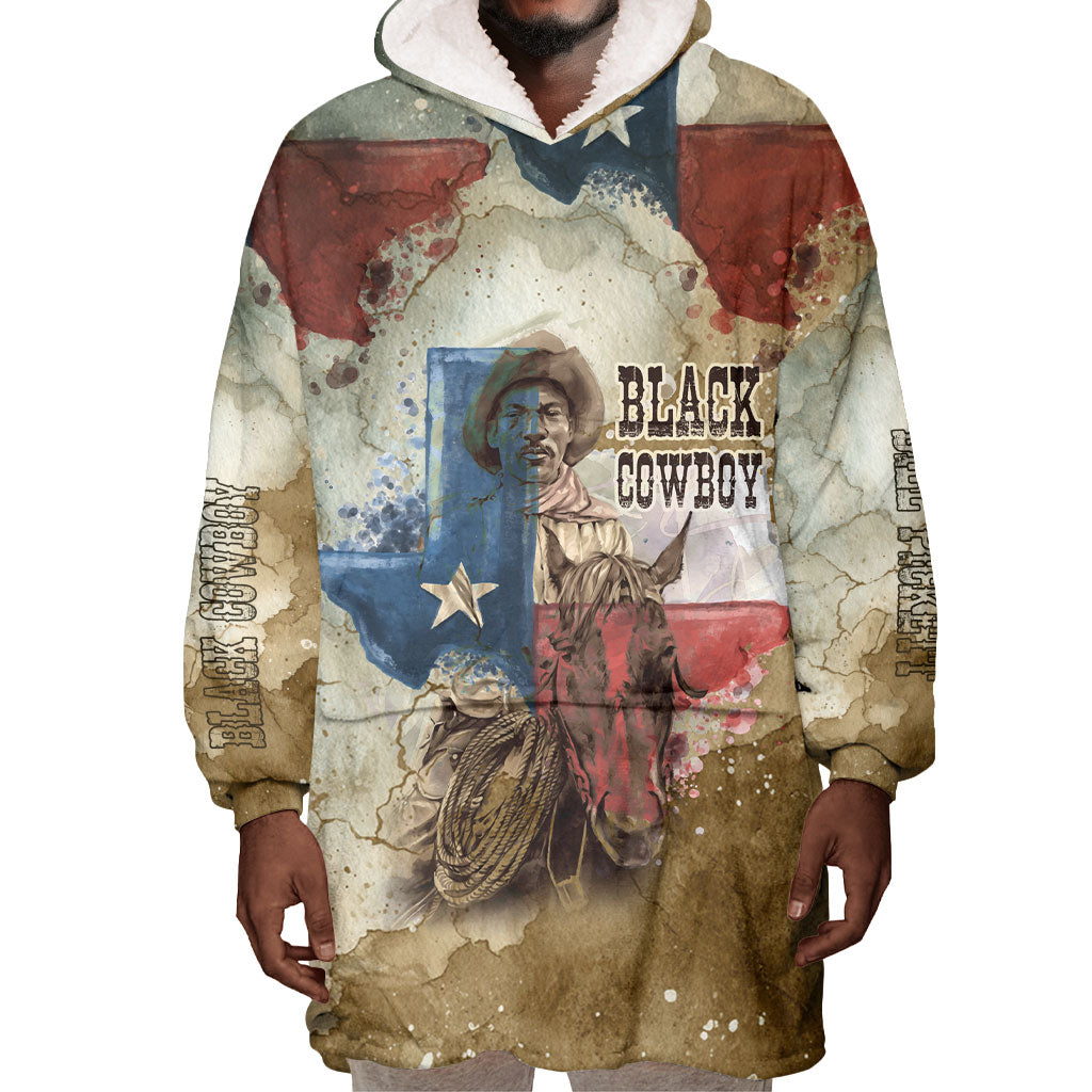 Bill Pickett Texas Flag Wearable Blanket Hoodie Black Cowboy - Vintage Grunge Watercolor - Horseback Rider Heritage