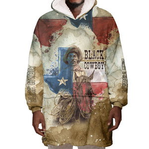 Bill Pickett Texas Flag Wearable Blanket Hoodie Black Cowboy - Vintage Grunge Watercolor - Horseback Rider Heritage