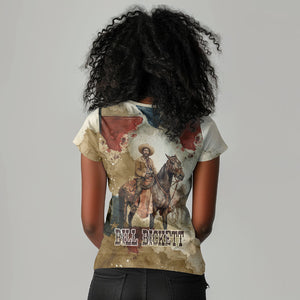 Bill Pickett Texas Flag Women V-Neck T-Shirt Black Cowboy - Vintage Grunge Watercolor - Horseback Rider Heritage