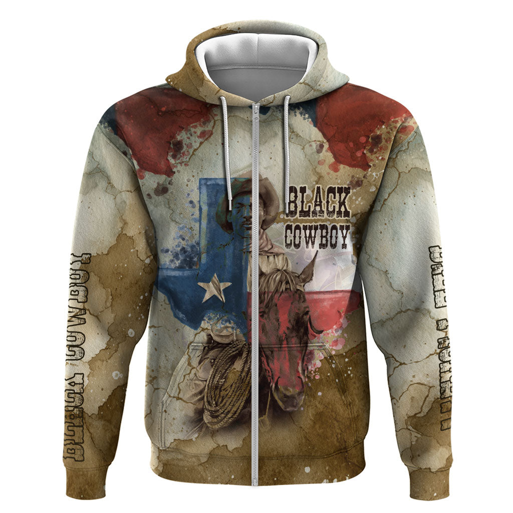Bill Pickett Texas Flag Zip Hoodie Black Cowboy - Vintage Grunge Watercolor - Horseback Rider Heritage
