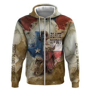 Bill Pickett Texas Flag Zip Hoodie Black Cowboy - Vintage Grunge Watercolor - Horseback Rider Heritage