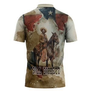Bill Pickett Texas Flag Zipper Polo Shirt Black Cowboy - Vintage Grunge Watercolor - Horseback Rider Heritage