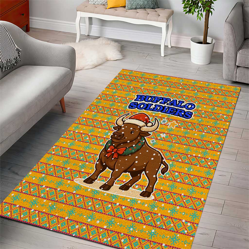 Buffalo Soldiers Christmas Area Rug Yellow Cartoon Buffalo Santa Hat Design - African Pride