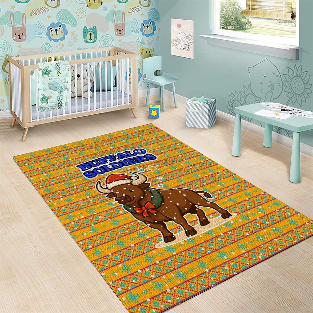 Buffalo Soldiers Christmas Area Rug Yellow Cartoon Buffalo Santa Hat Design - African Pride