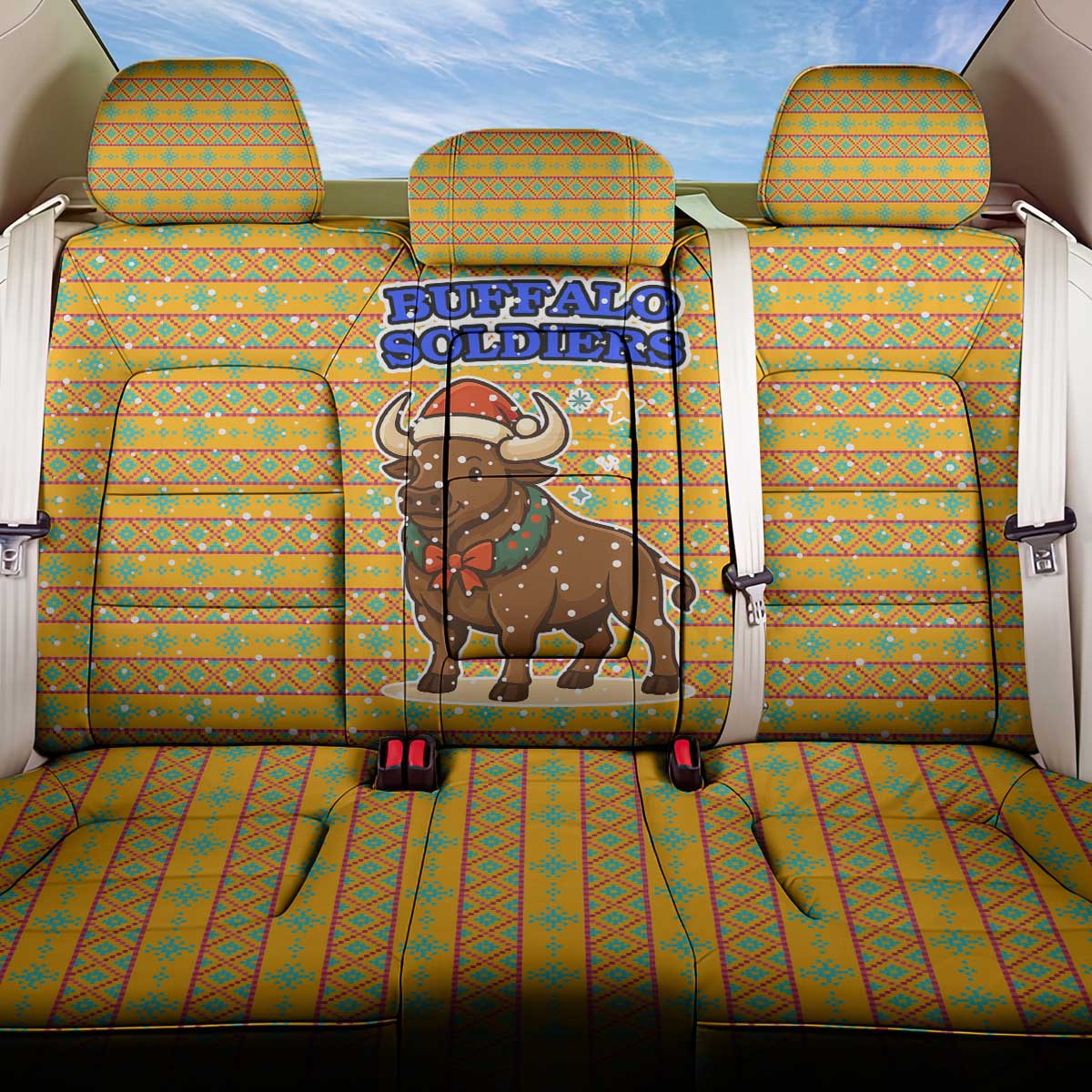 Buffalo Soldiers Christmas Back Car Seat Cover Yellow Cartoon Buffalo Santa Hat Design - African Pride