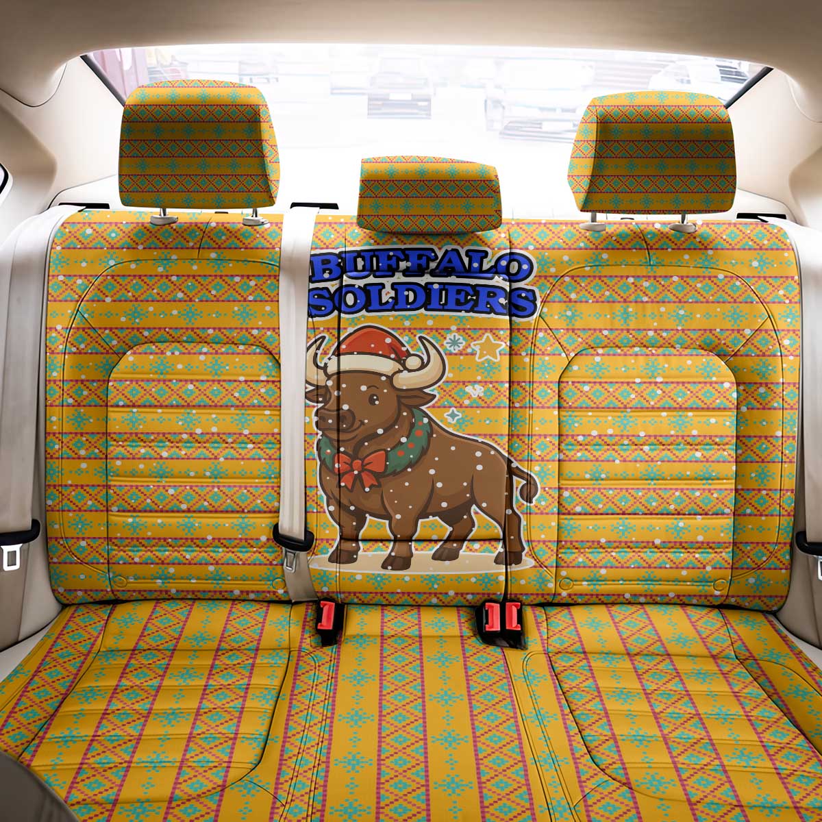 Buffalo Soldiers Christmas Back Car Seat Cover Yellow Cartoon Buffalo Santa Hat Design - African Pride