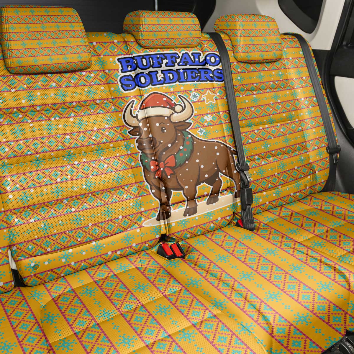 Buffalo Soldiers Christmas Back Car Seat Cover Yellow Cartoon Buffalo Santa Hat Design - African Pride