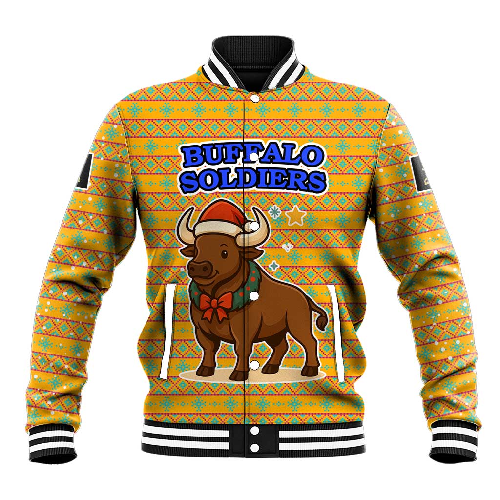 Buffalo Soldiers Christmas Baseball Jacket Yellow Cartoon Buffalo Santa Hat Design - African Pride