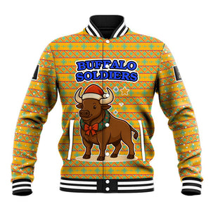 Buffalo Soldiers Christmas Baseball Jacket Yellow Cartoon Buffalo Santa Hat Design - African Pride