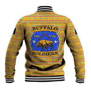 Buffalo Soldiers Christmas Baseball Jacket Yellow Cartoon Buffalo Santa Hat Design - African Pride