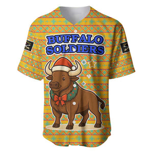 Buffalo Soldiers Christmas Baseball Jersey Yellow Cartoon Buffalo Santa Hat Design - African Pride