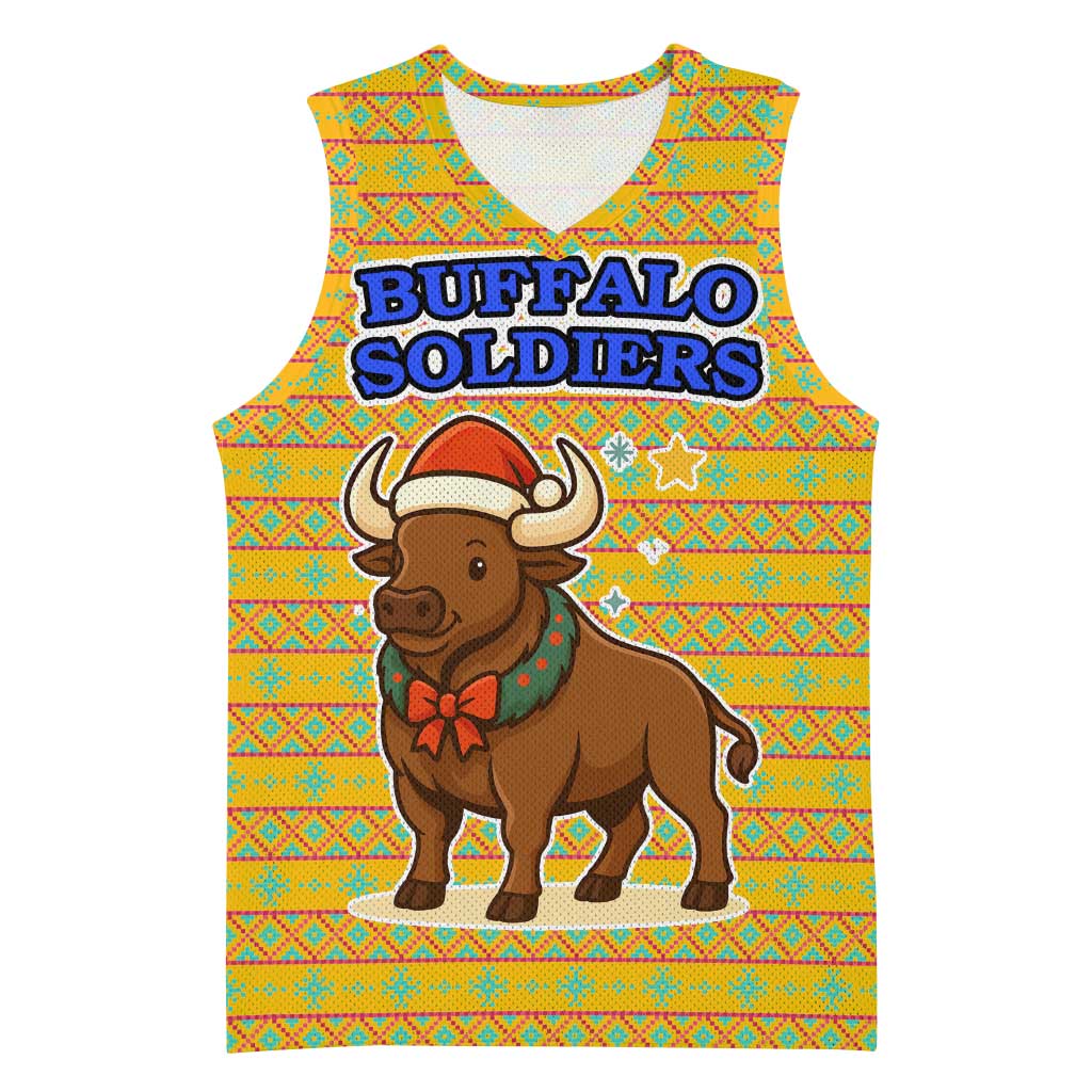 Buffalo Soldiers Christmas Basketball Jersey Yellow Cartoon Buffalo Santa Hat Design - African Pride