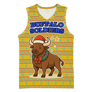 Buffalo Soldiers Christmas Basketball Jersey Yellow Cartoon Buffalo Santa Hat Design - African Pride