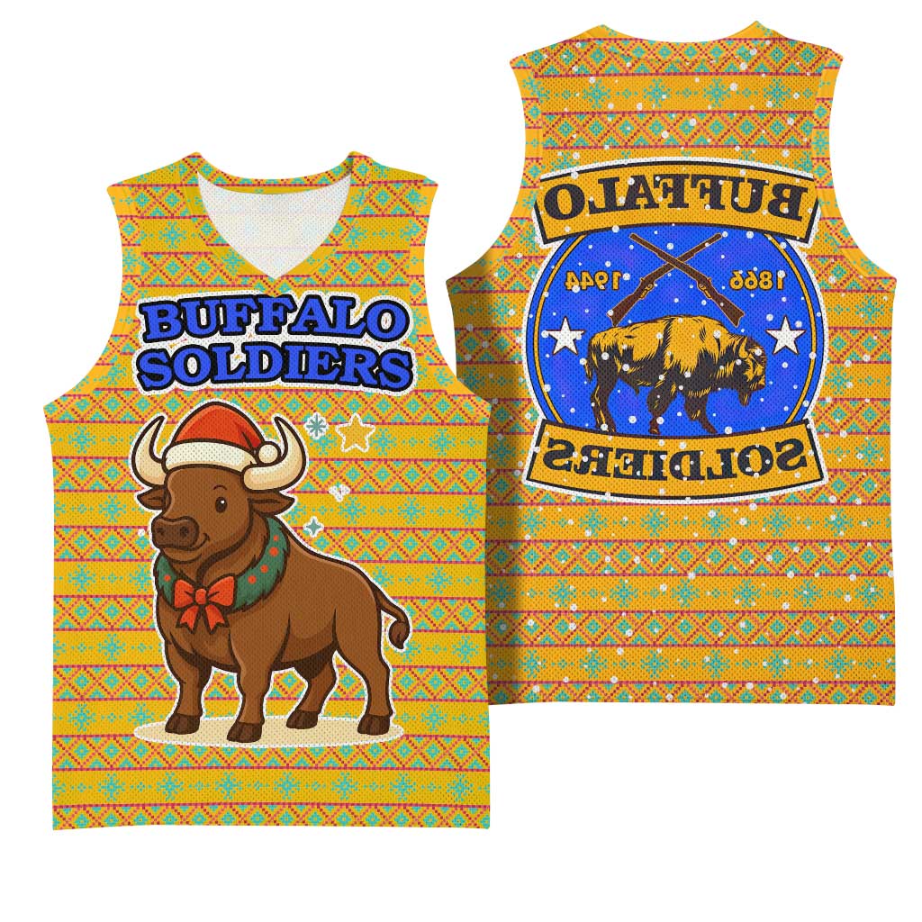 Buffalo Soldiers Christmas Basketball Jersey Yellow Cartoon Buffalo Santa Hat Design - African Pride