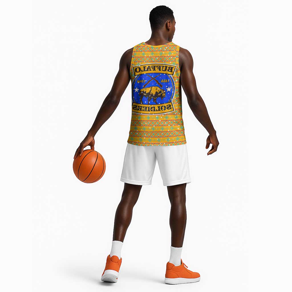 Buffalo Soldiers Christmas Basketball Jersey Yellow Cartoon Buffalo Santa Hat Design - African Pride