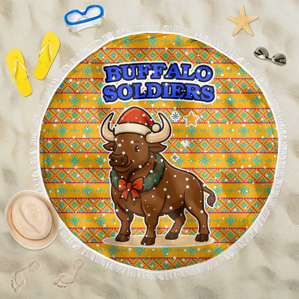 Buffalo Soldiers Christmas Beach Blanket Yellow Cartoon Buffalo Santa Hat Design - African Pride