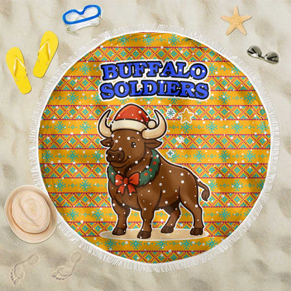 Buffalo Soldiers Christmas Beach Blanket Yellow Cartoon Buffalo Santa Hat Design - African Pride