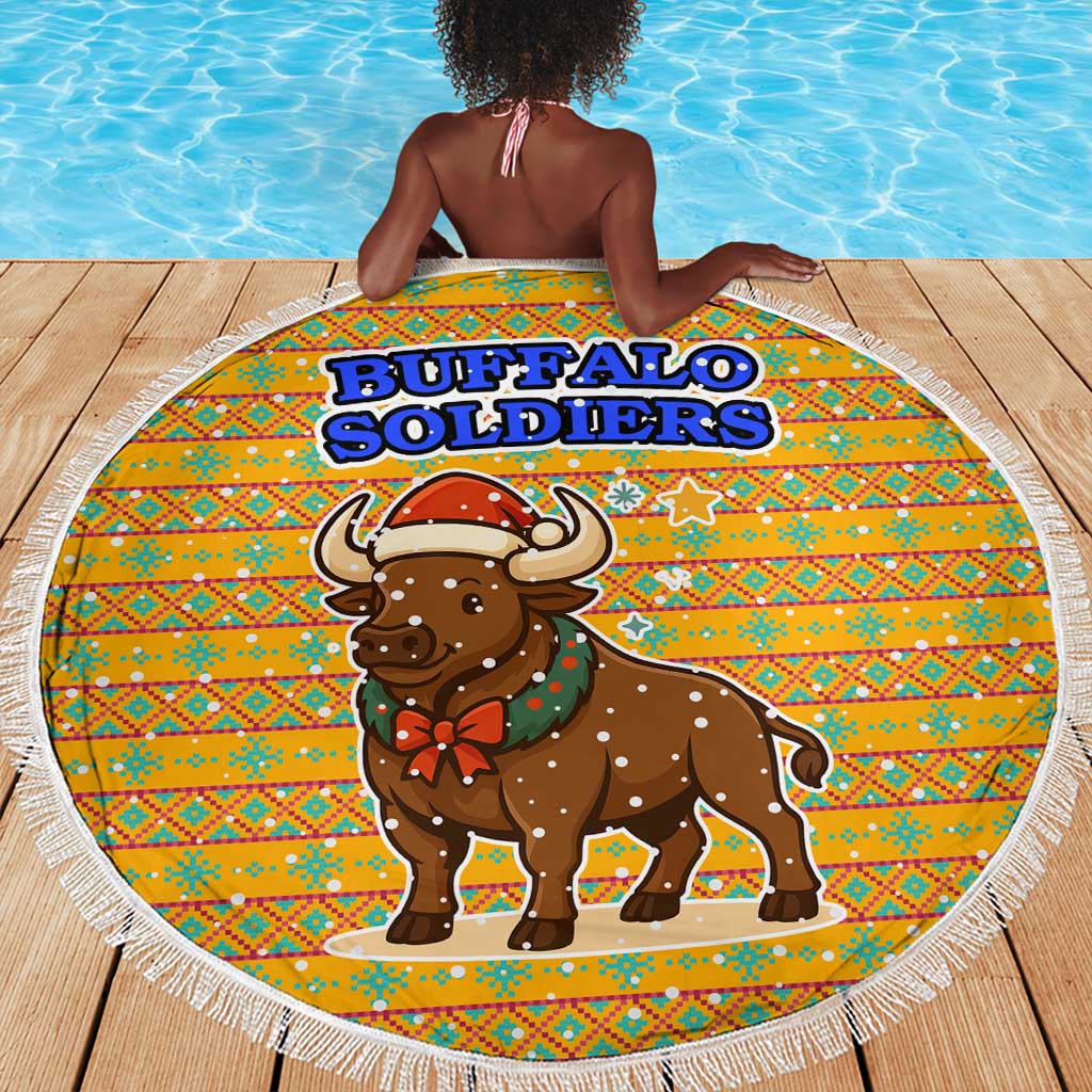 Buffalo Soldiers Christmas Beach Blanket Yellow Cartoon Buffalo Santa Hat Design - African Pride