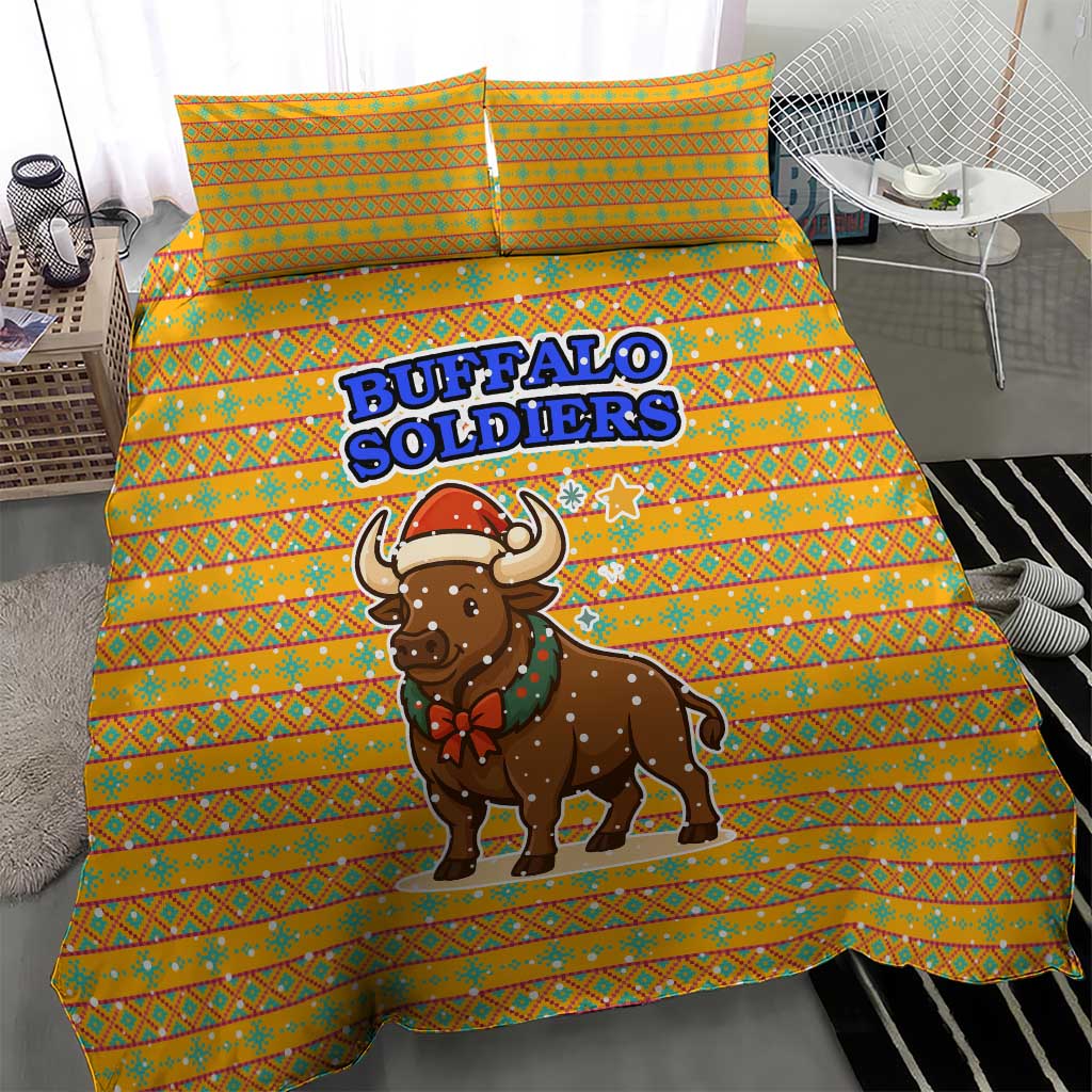 Buffalo Soldiers Christmas Bedding Set Yellow Cartoon Buffalo Santa Hat Design - African Pride